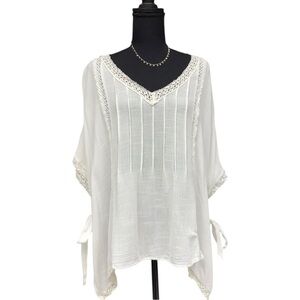 Doe & Rae White Boho Tunic Blouse Small Elegant White Lace Trim Women's Top
